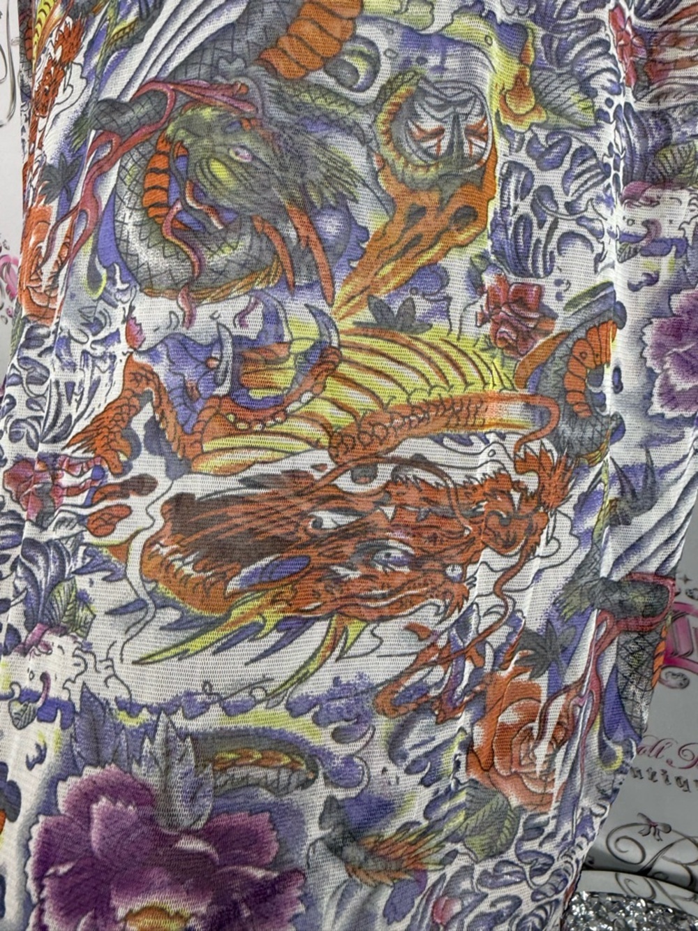 Long Sleeve mesh Floral & Dragon Print tattoo style Top - Purple, Orange, Green - Picture 4 of 12